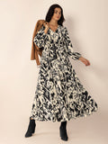 Printed V-Neck Long Sleeve Midi Dress