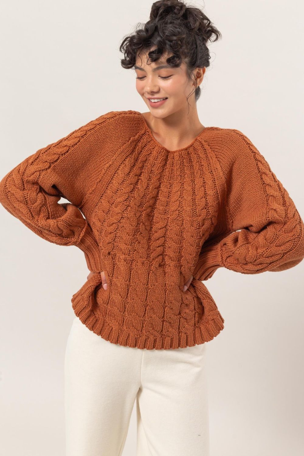 Comfy Cable-Knit Round Neck Raglan Sleeve Sweater