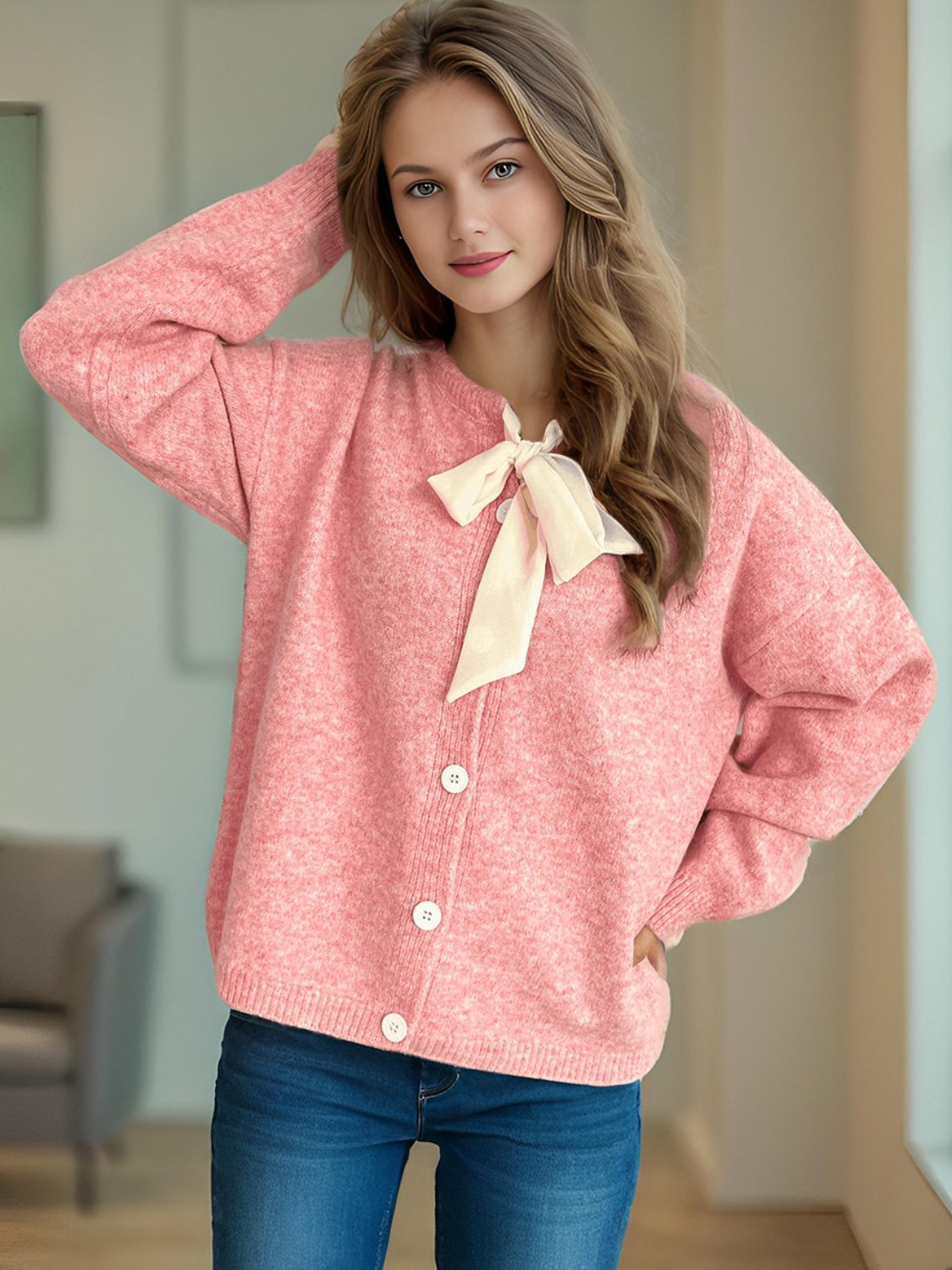 Cute Bow Tie Long Sleeve Cardigan