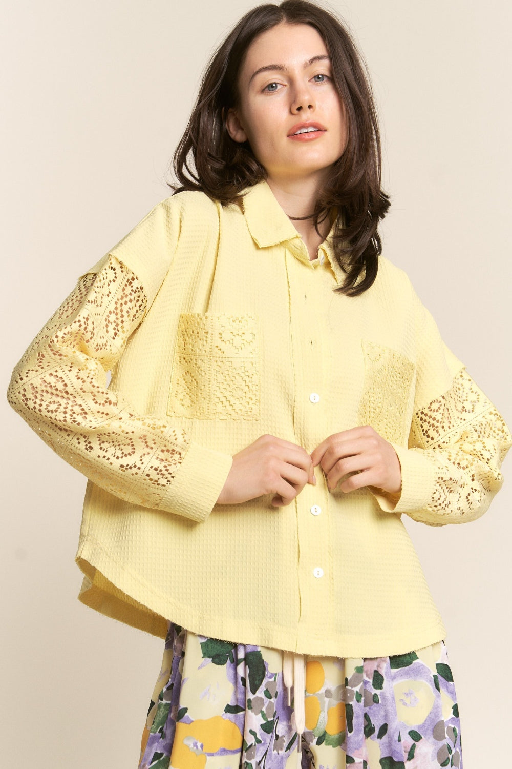 Button Down Yellow Lace Long Sleeve Waffle Shirt