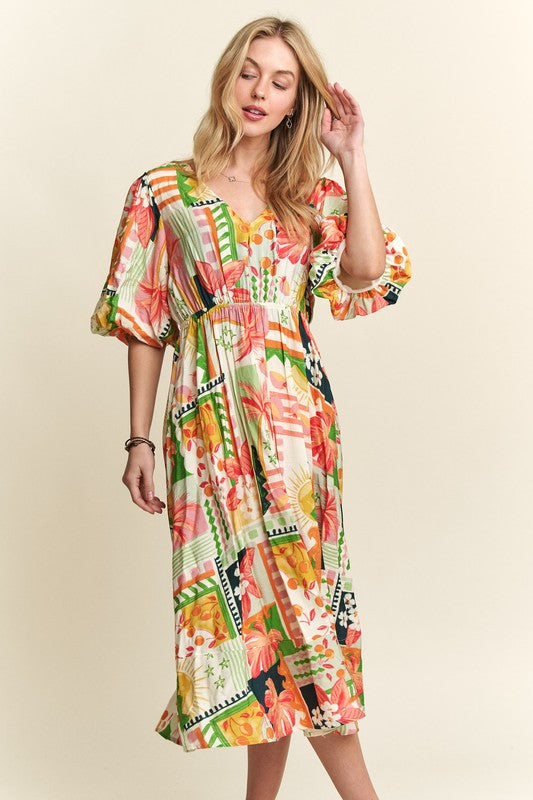 Tropical Puff Sleeve Resort Vacation Midi Dress