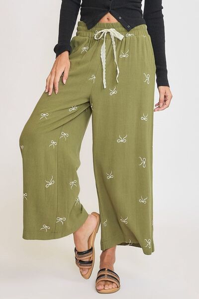 Full Size Embroidered Bow Wide Leg Boho Pants