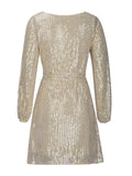 Sequin Tie Waist Long Sleeve Mini Cocktail Dress