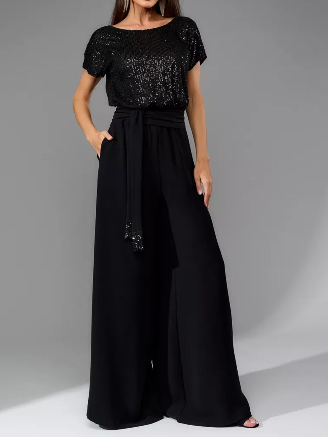 Full Size Sequin Short Sleeve Wide Leg Jumpsuit