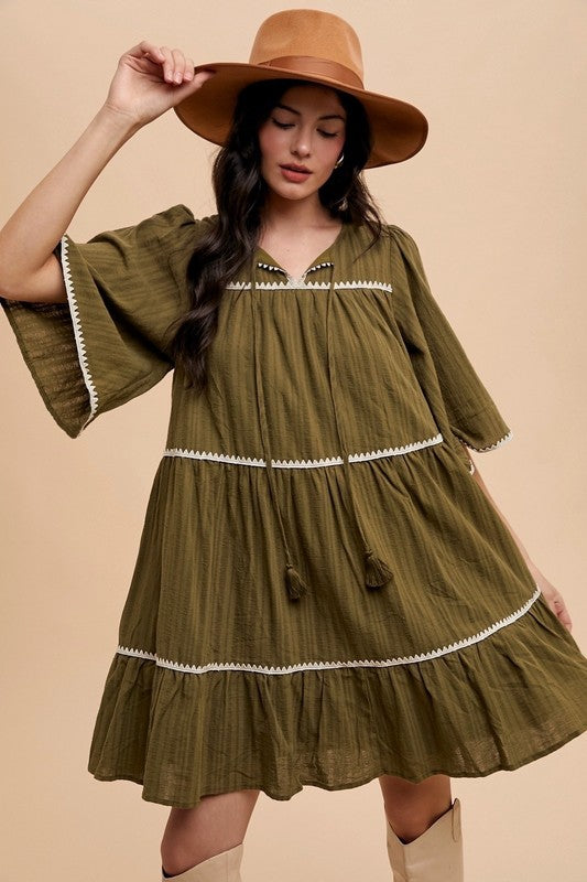 Tie Neck Half Sleeve Tiered Mini Dress