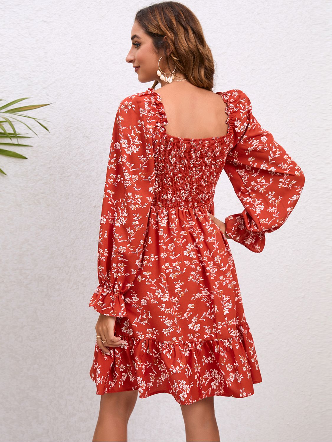 Red Balloon Sleeve Floral Summer Dress