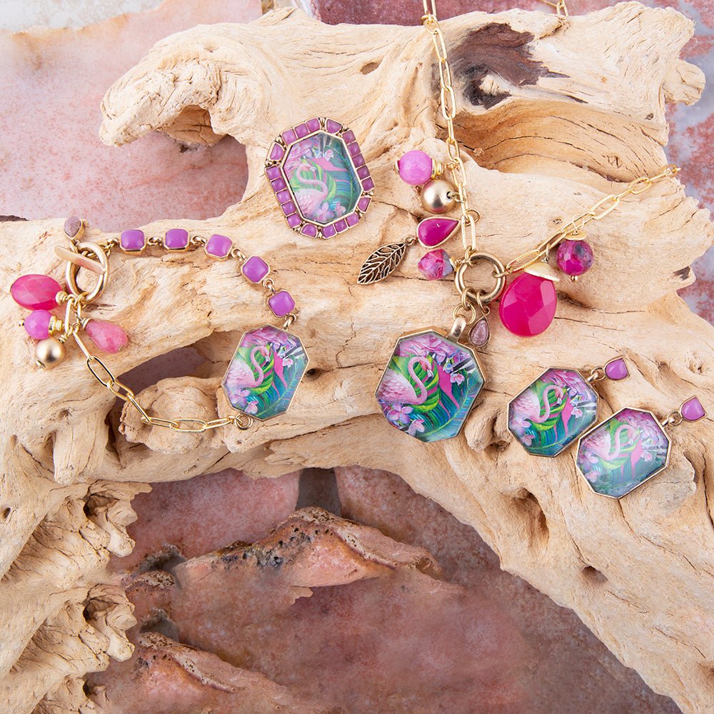 Artisan Flamingo Pink Agate Golden Statement Ring