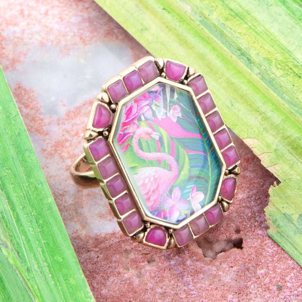 Artisan Flamingo Pink Agate Golden Statement Ring