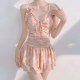 Floral Ruched Korean Swimsuit – 3D Flower One-Piece Skirted