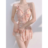 Floral Ruched Korean Swimsuit – 3D Flower One-Piece Skirted