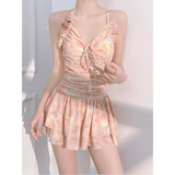 Floral Ruched Korean Swimsuit – 3D Flower One-Piece Skirted