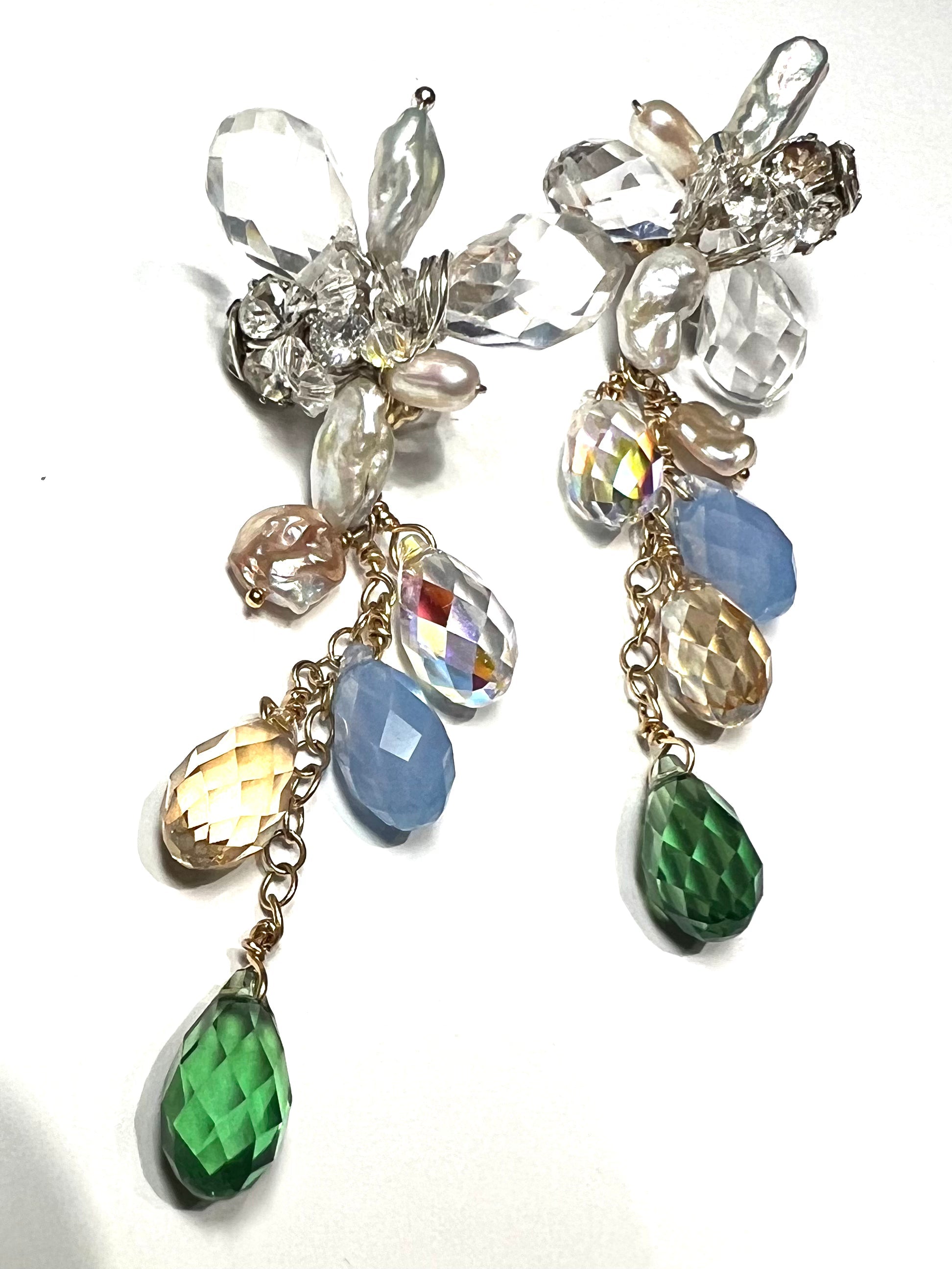 Handcrafted Long Flower earrings Pearl and crystal rhinestone