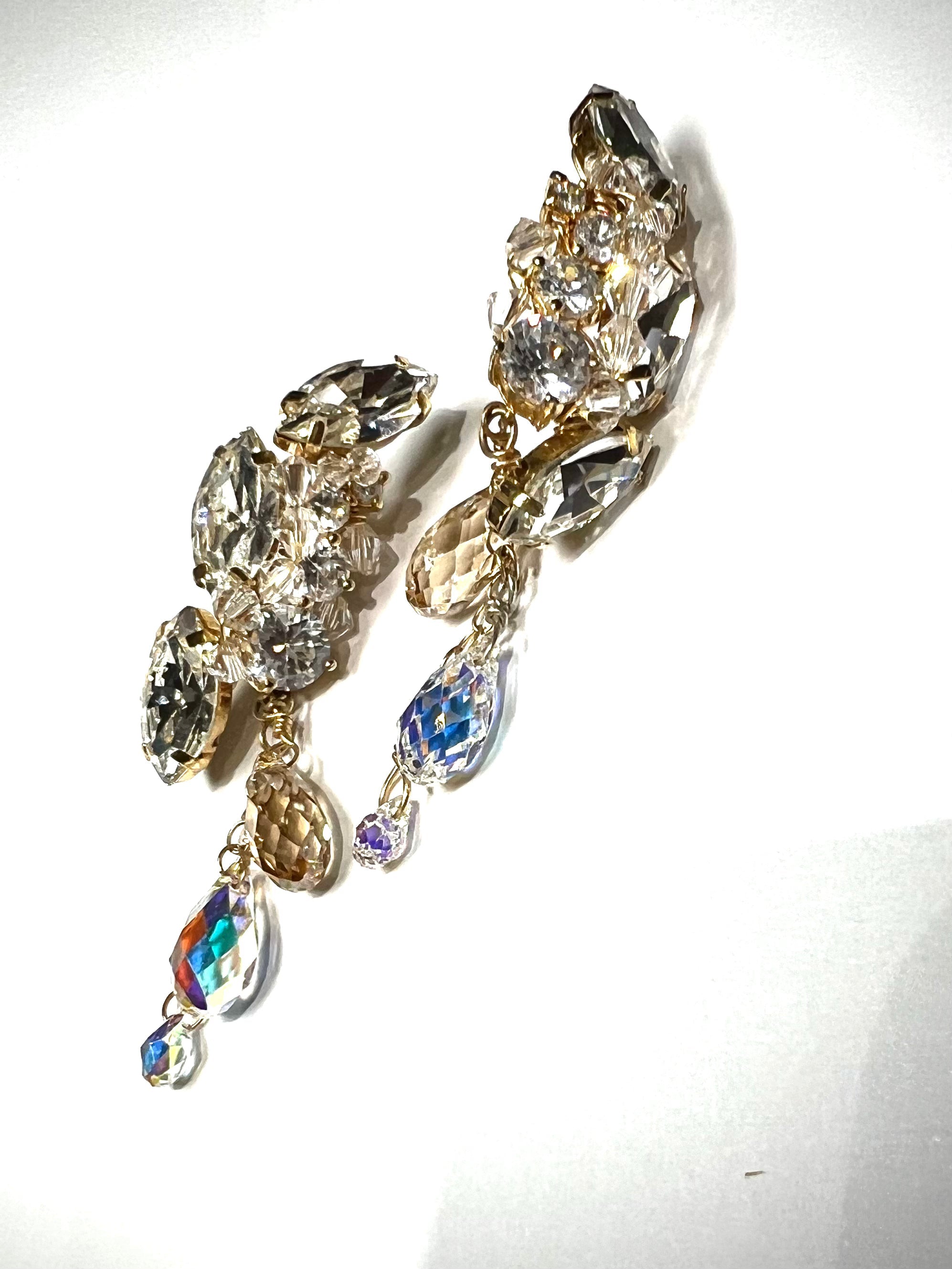 Handcrafted Long Flower earrings Pearl and crystal rhinestone