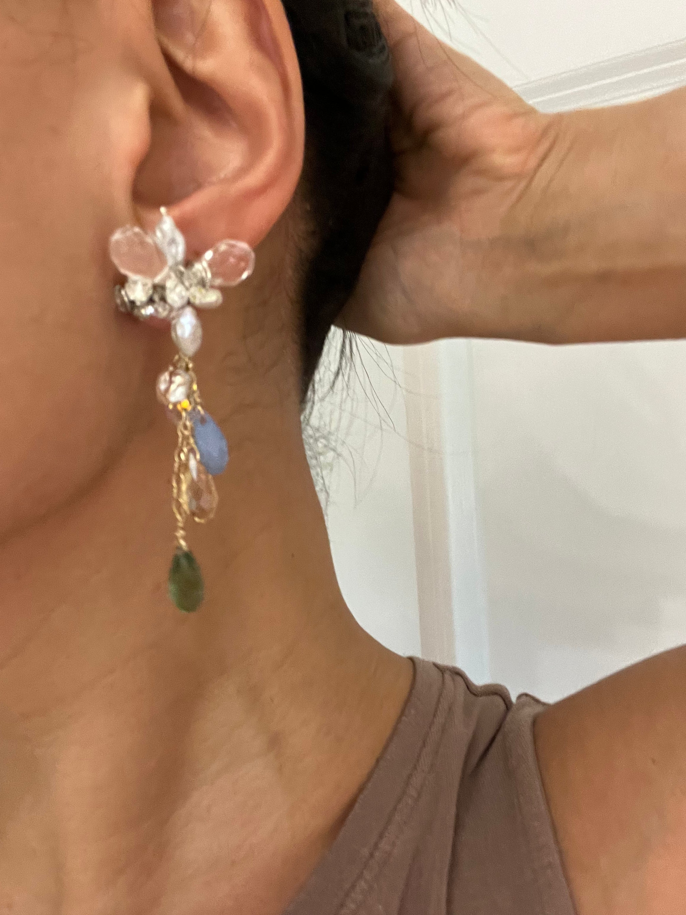 Handcrafted Long Flower earrings Pearl and crystal rhinestone