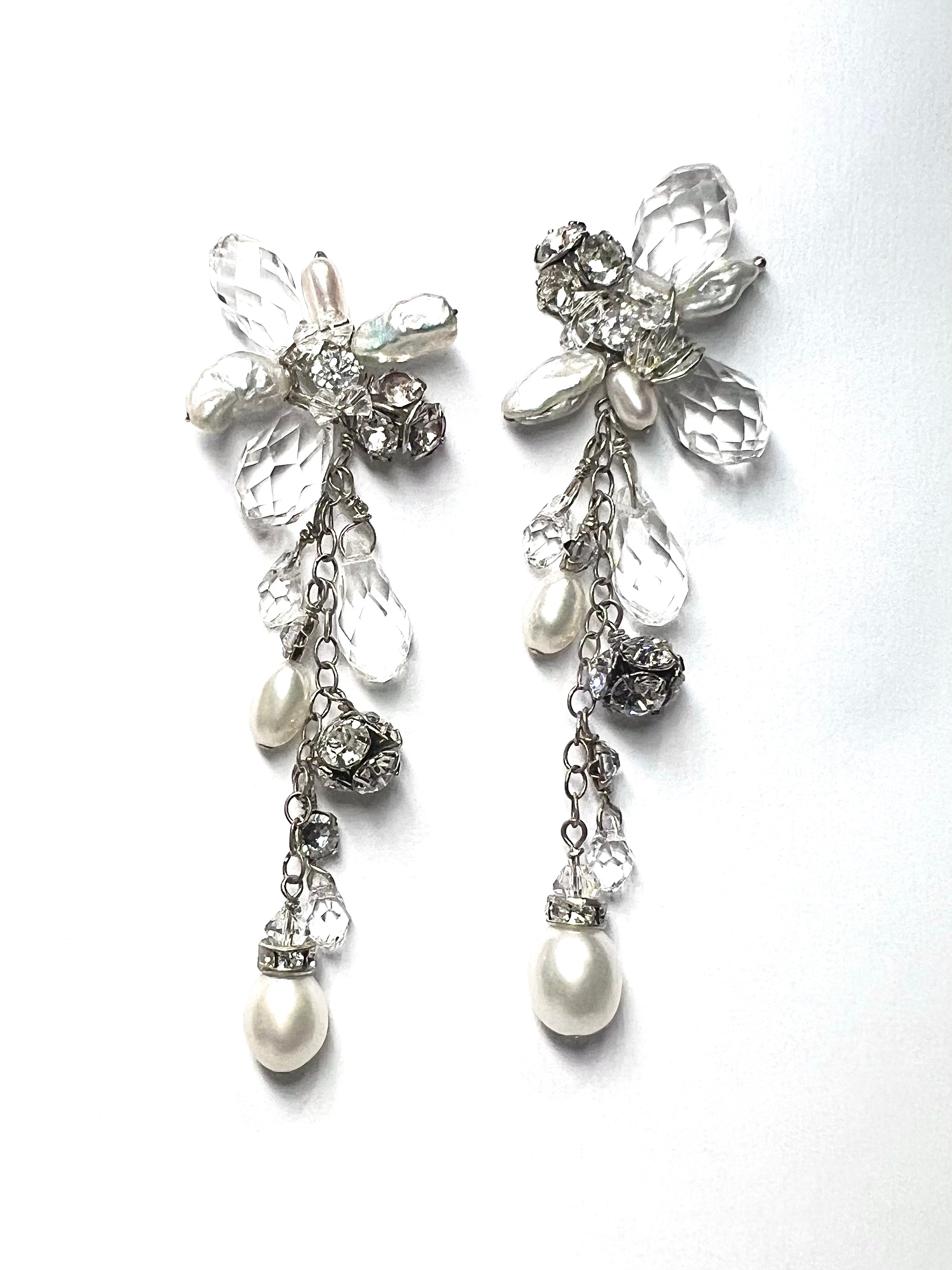Handcrafted Long Flower earrings Pearl and crystal rhinestone
