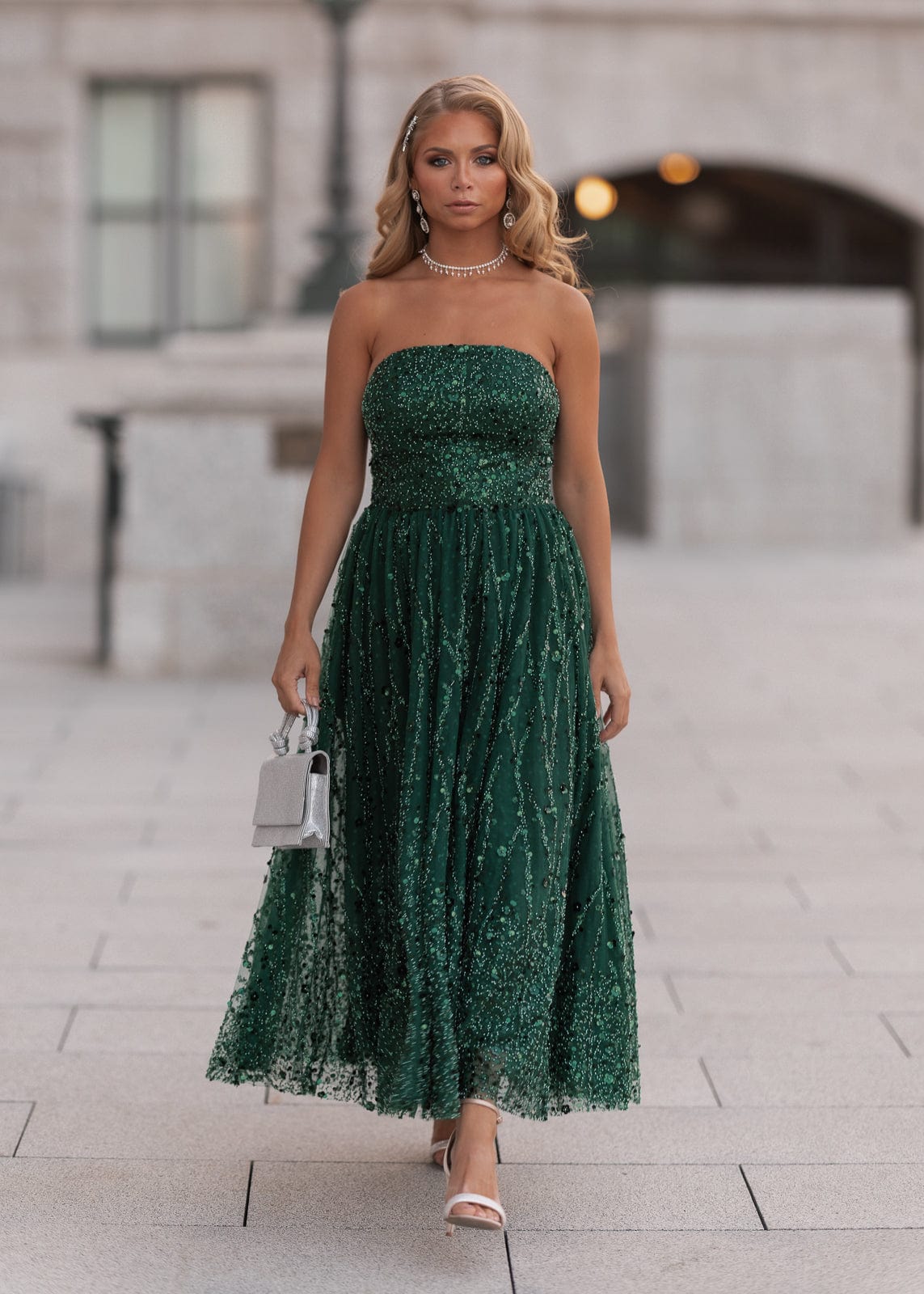 Elphie Strapless Sequin Corset Midi Evening Gown- Green