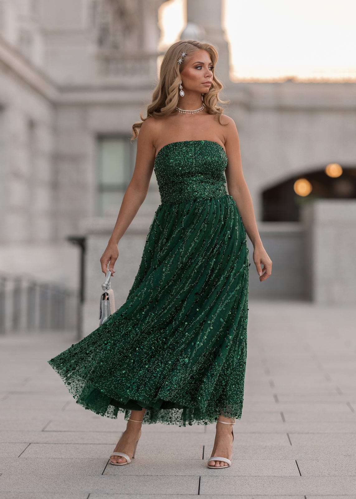 Elphie Strapless Sequin Corset Midi Evening Gown- Green