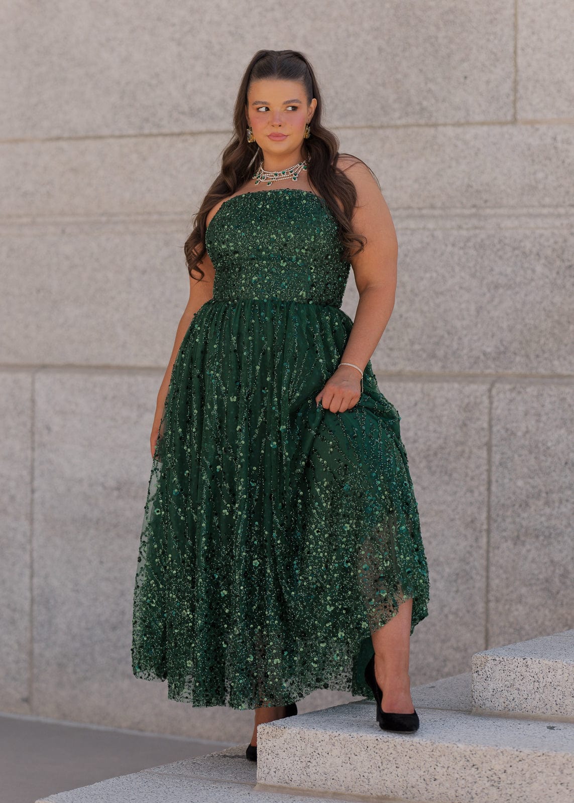 Elphie Strapless Sequin Corset Midi Evening Gown- Green