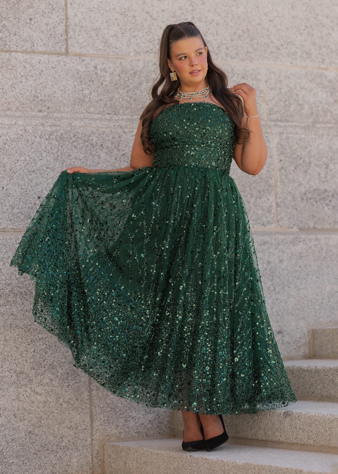 Elphie Strapless Sequin Corset Midi Evening Gown- Green