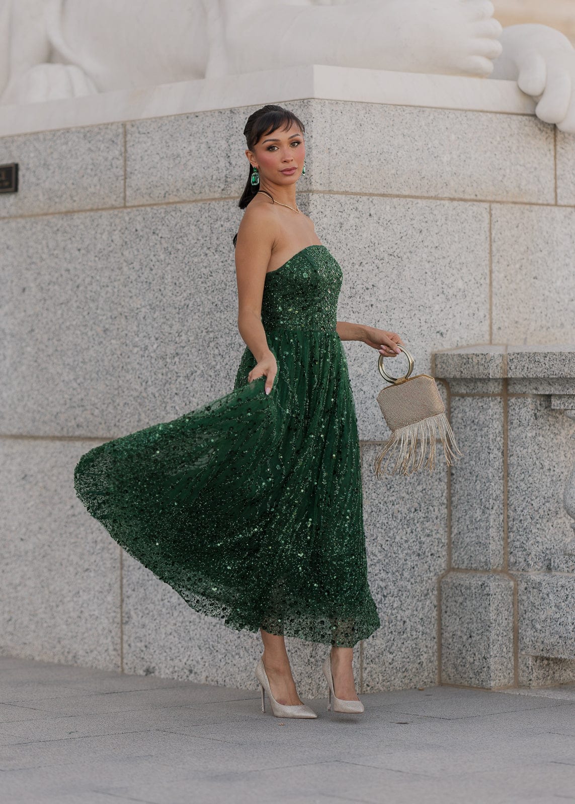 Elphie Strapless Sequin Corset Midi Evening Gown- Green