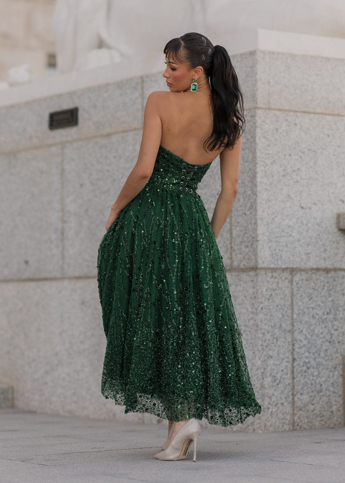 Elphie Strapless Sequin Corset Midi Evening Gown- Green