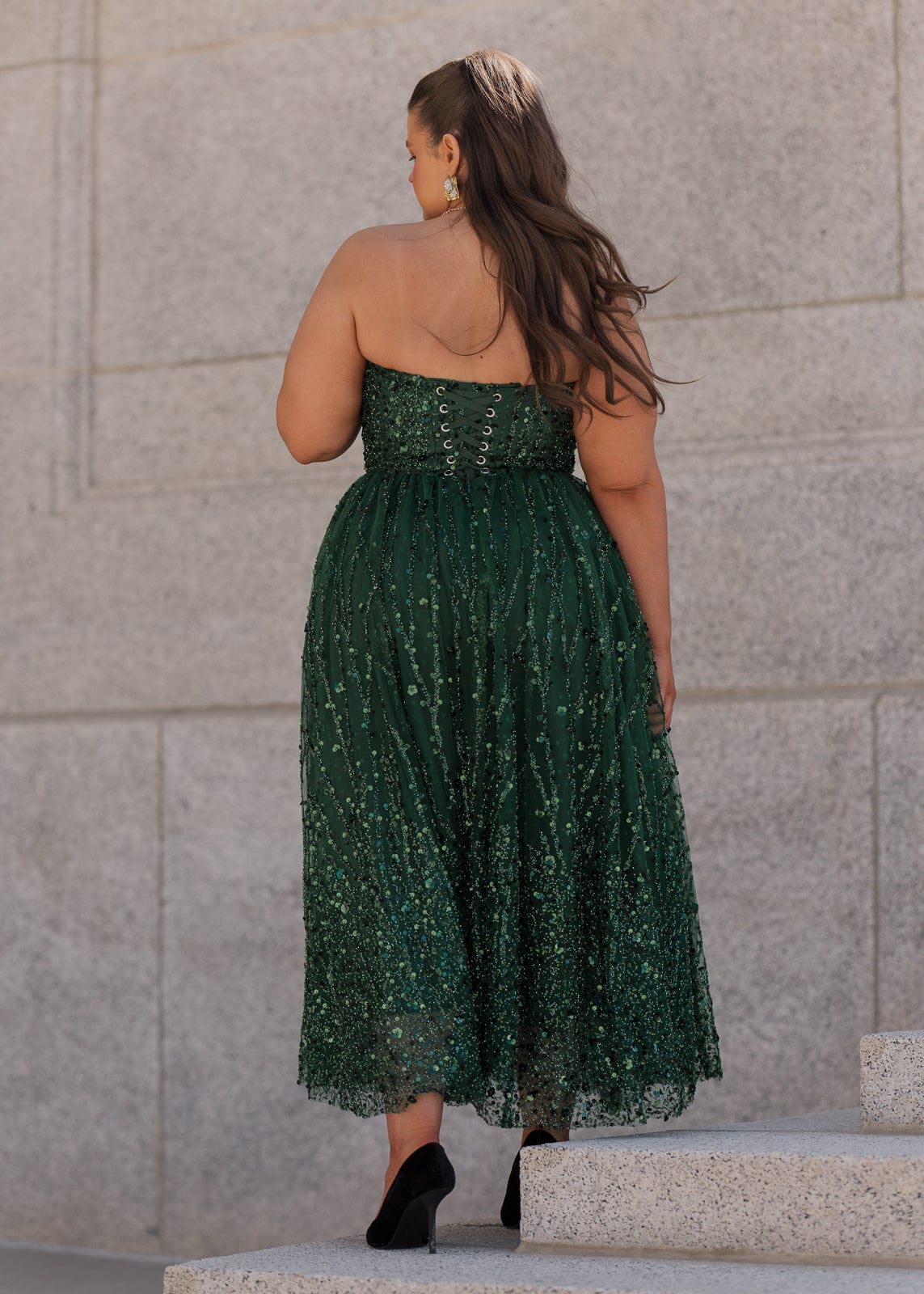 Elphie Strapless Sequin Corset Midi Evening Gown- Green