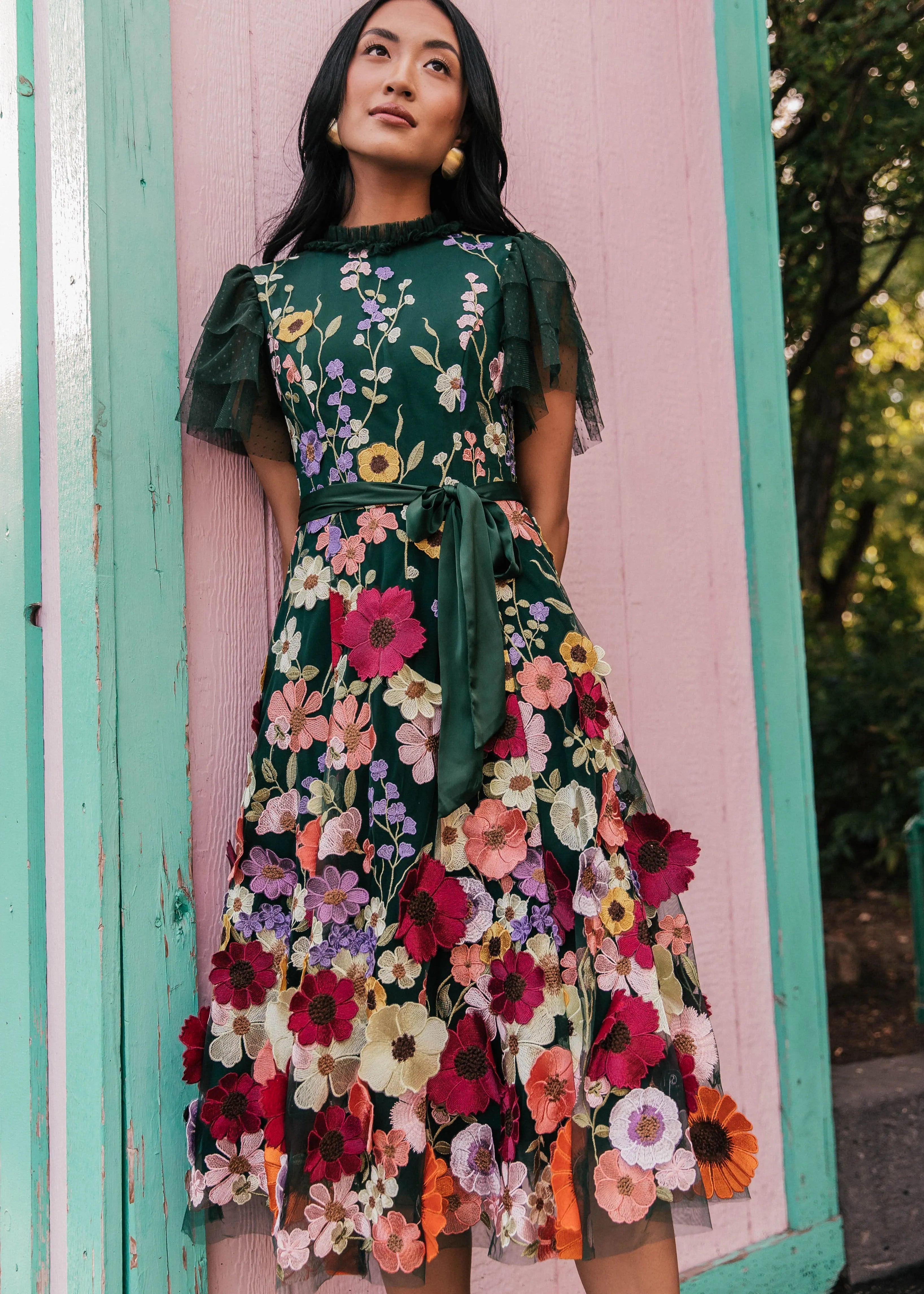 Hand-embroidered Jubilee Dress Evergreen