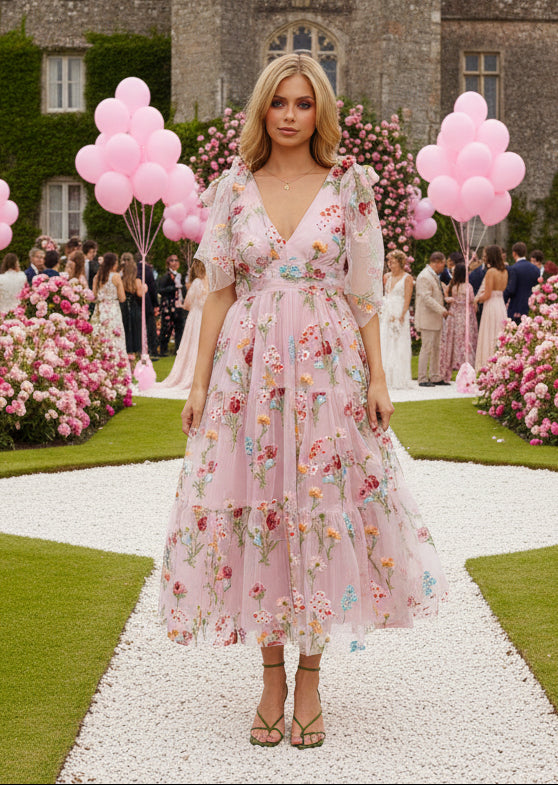 Margaret Floral Embroidered Midi Dress Pink