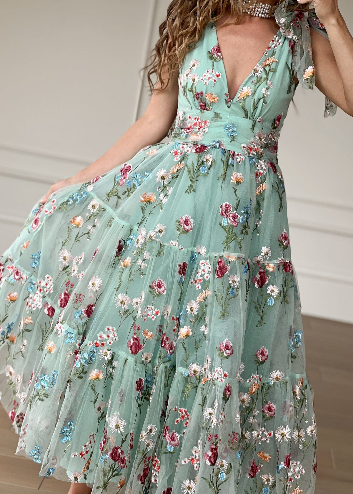 Margaret Floral Midi Summer Party Dress Green Full Size