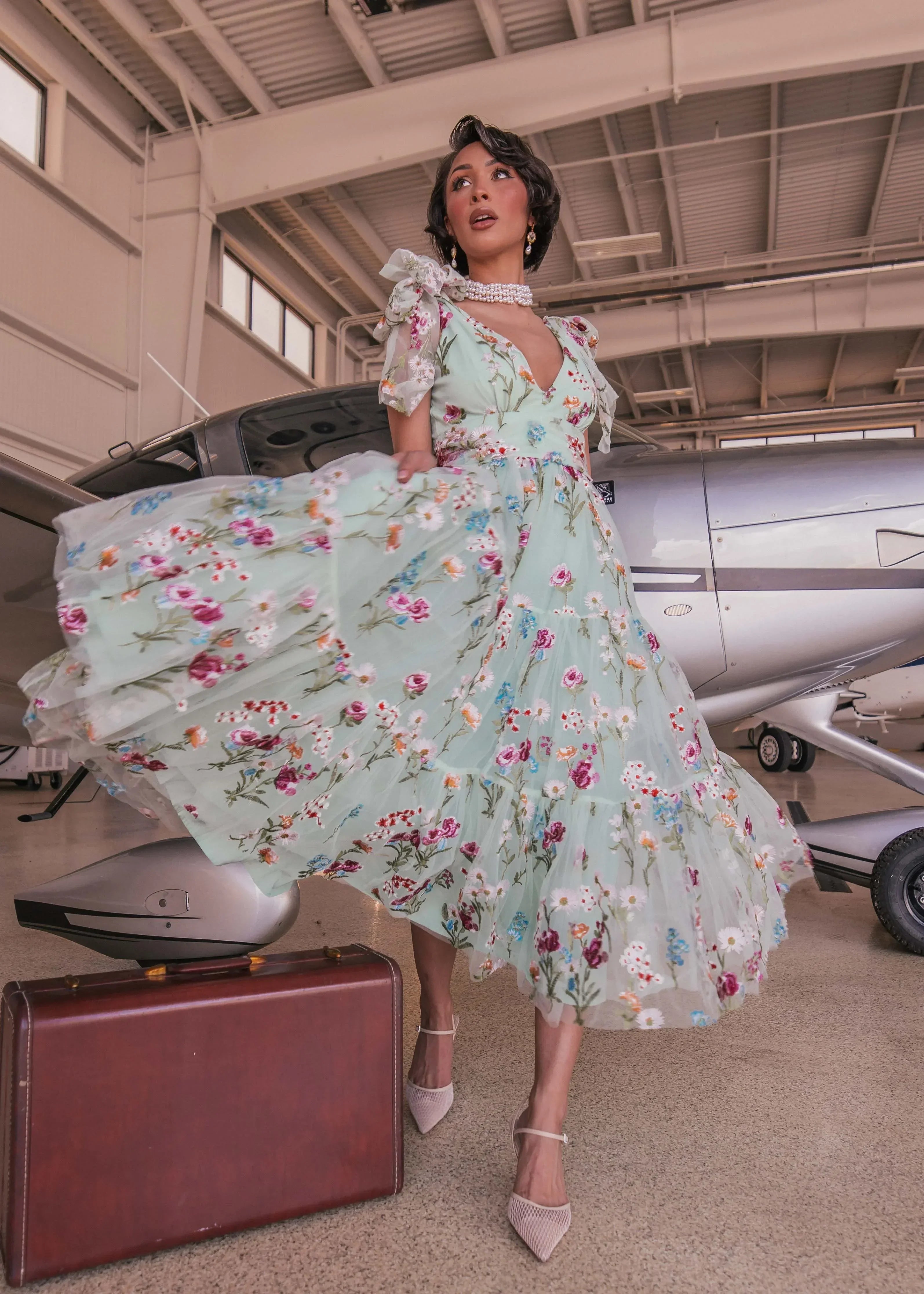 Margaret Floral Midi Summer Party Dress Green Full Size