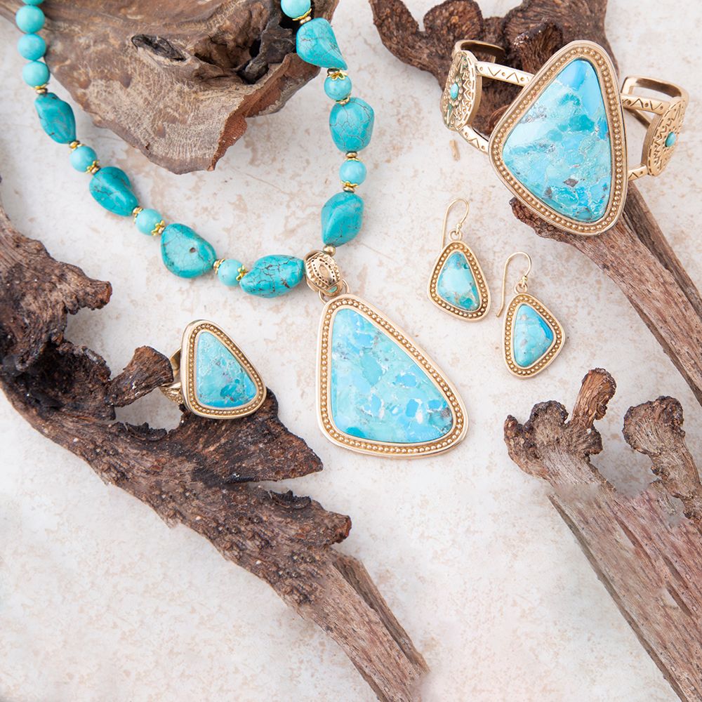Handcrafted Blue Turquoise Triangle Golden Pendant Necklace
