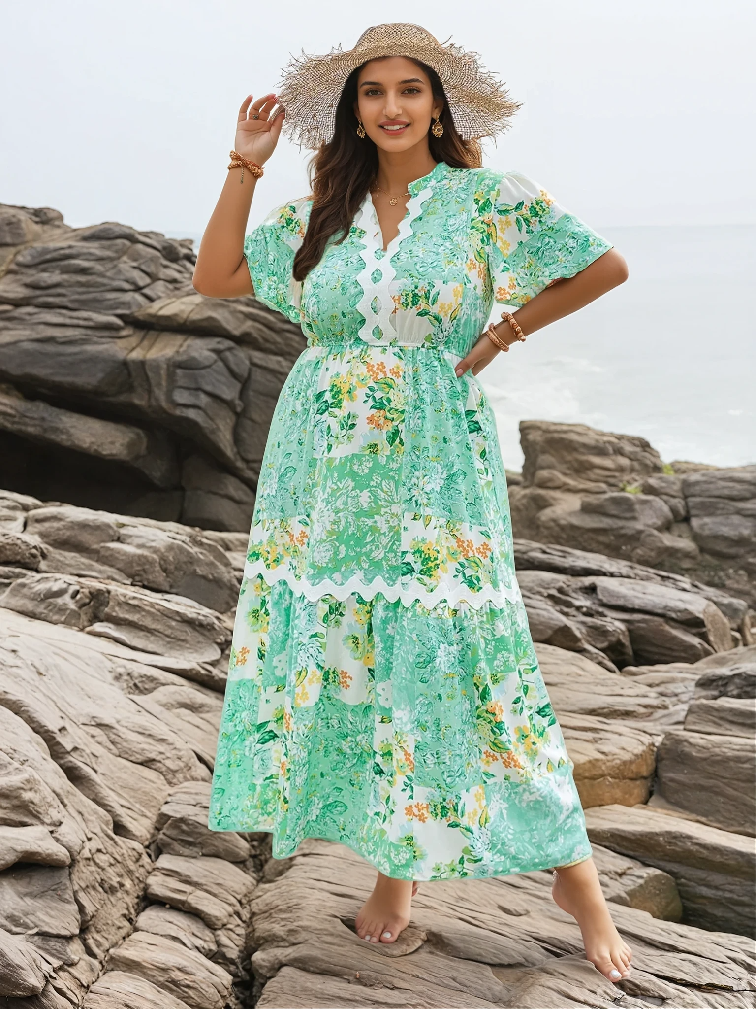 Plus Size Short Sleeve Light Green Floral Beach Maxi Dress