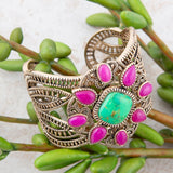 Artisan Crafted Madeira Lime and Pink Agate Statement Golden Cuff Bracelet