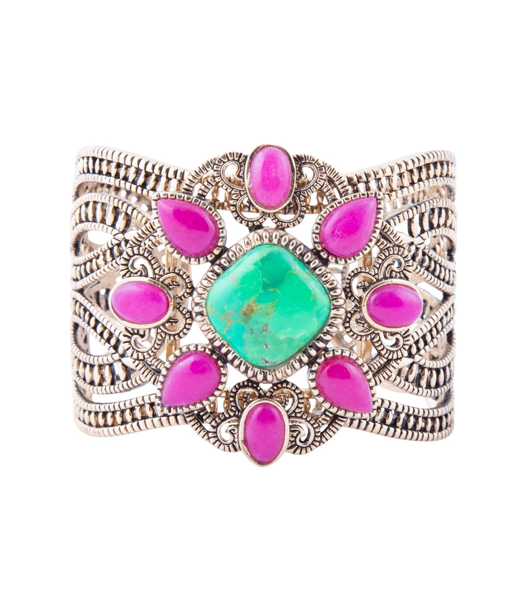 Artisan Crafted Madeira Lime and Pink Agate Statement Golden Cuff Bracelet