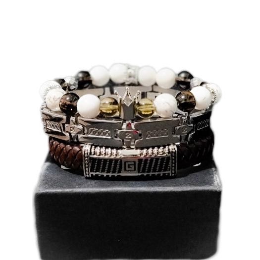 Handcrafted Artisan Men's Smoky Quartz and Howlite bracelet set