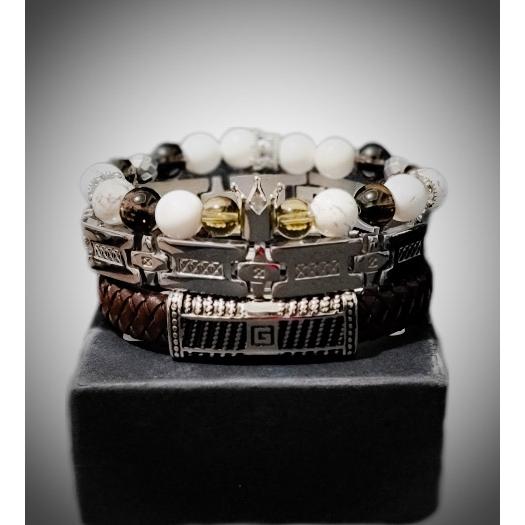 Handcrafted Artisan Men's Smoky Quartz and Howlite bracelet set