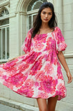 Pink Floral Square Neck Puff Sleeve Mini Summer Dress