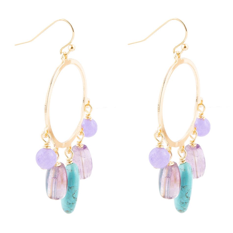 Handcrafted Purple Periwinkle Amethyst and Blue Magnesite Golden Chandelier Earrings