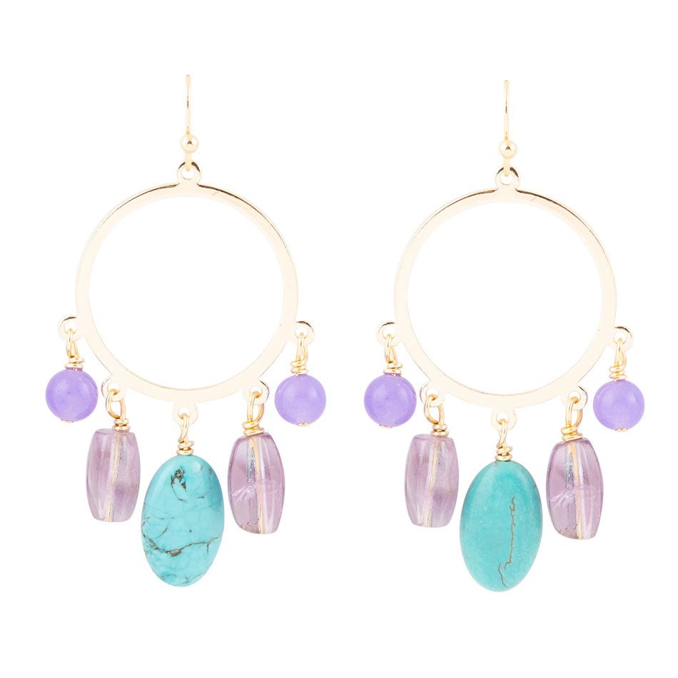 Handcrafted Purple Periwinkle Amethyst and Blue Magnesite Golden Chandelier Earrings