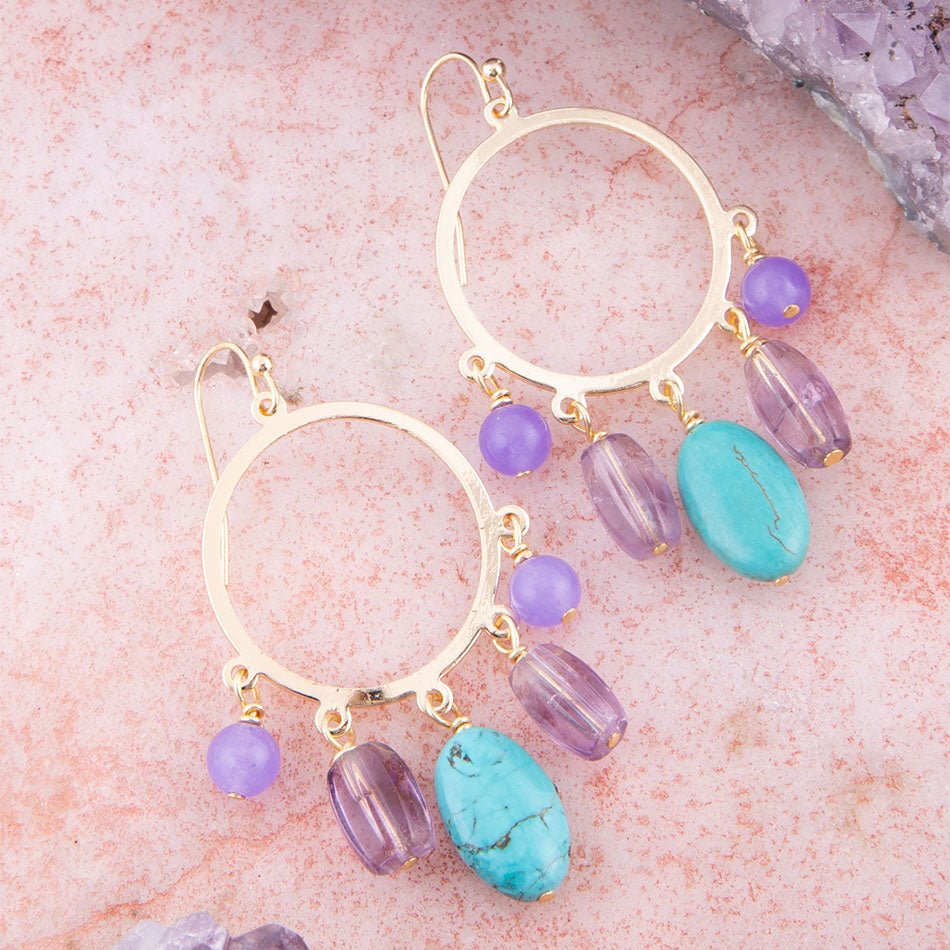 Handcrafted Purple Periwinkle Amethyst and Blue Magnesite Golden Chandelier Earrings