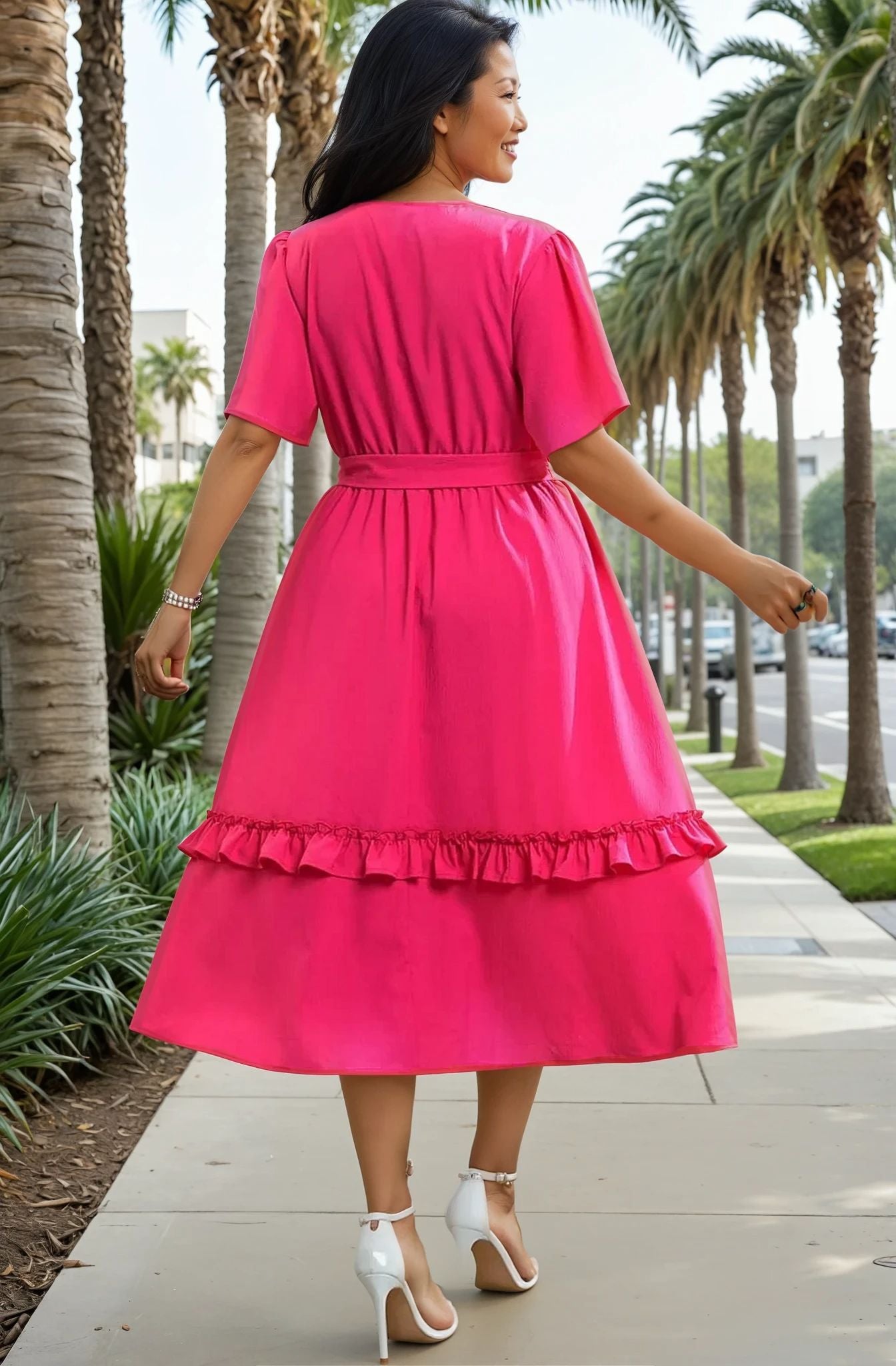 Belted Plus Size Pink Ruffle Dress up to 4XL