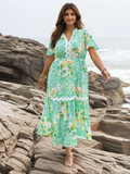 Plus Size Short Sleeve Light Green Floral Beach Maxi Dress