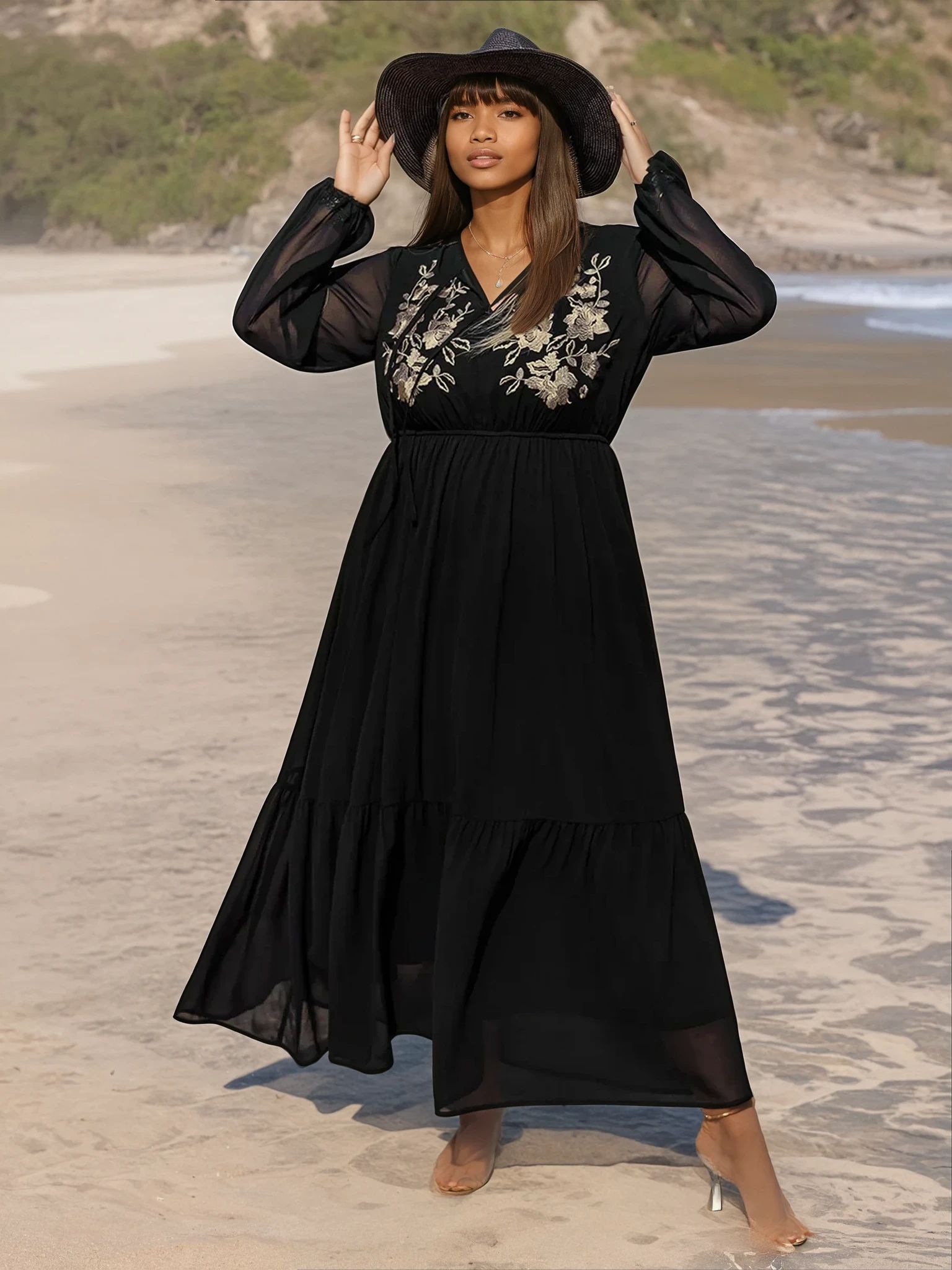 Plus Size Embroidered Tie Neck Long Sleeve Beach Maxi Dress