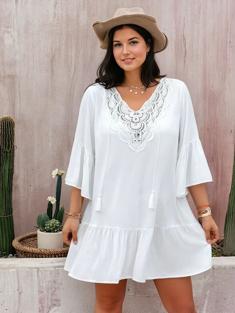 Plus Size Lace Detail Mini Beach Cover Dress