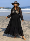 Plus Size Embroidered Tie Neck Long Sleeve Beach Maxi Dress