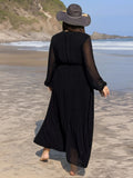 Plus Size Embroidered Tie Neck Long Sleeve Beach Maxi Dress