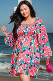 Plus Size Smocked Floral Square Neck Balloon Sleeve Dress