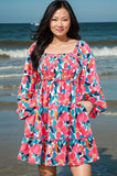 Plus Size Smocked Floral Square Neck Balloon Sleeve Dress