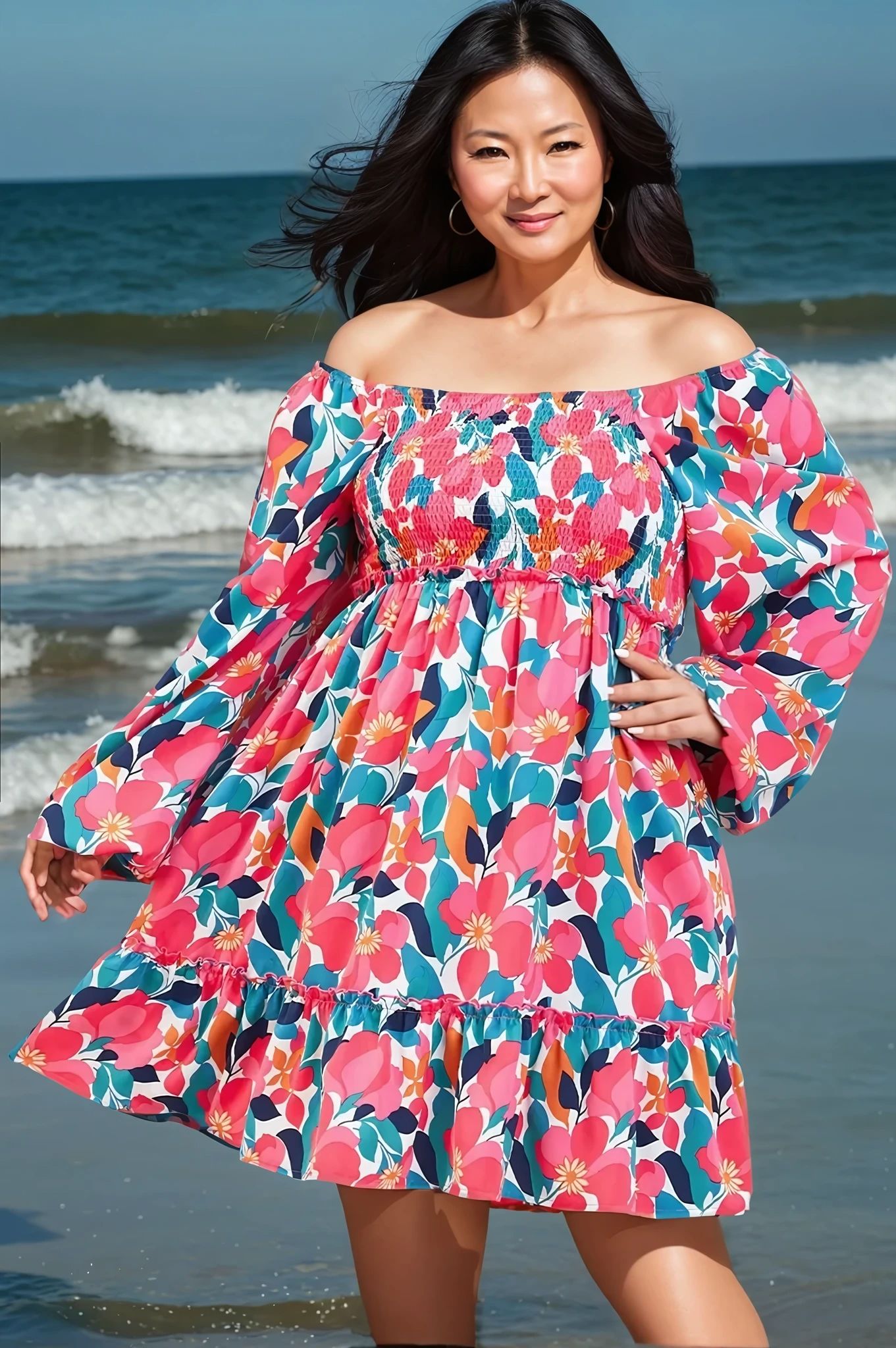 Plus Size Smocked Floral Square Neck Balloon Sleeve Dress