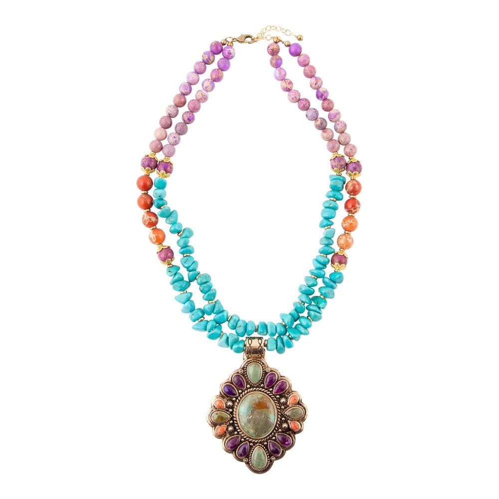 Artisan Prescott Blue Turquoise Purple and Orange Statement Pendant Golden Necklace